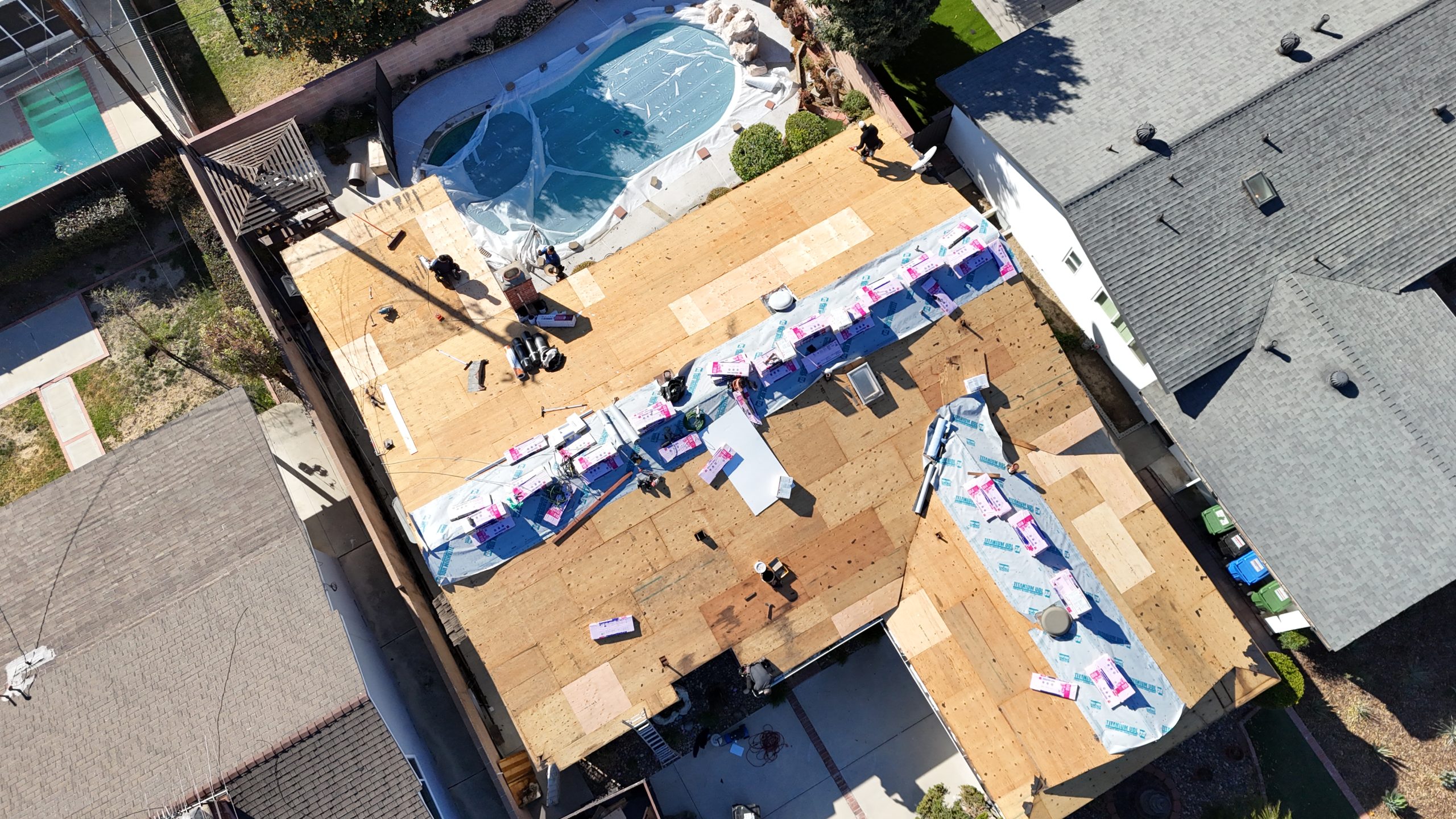 Roof replacement underway on a Northridge home in Los Angeles
